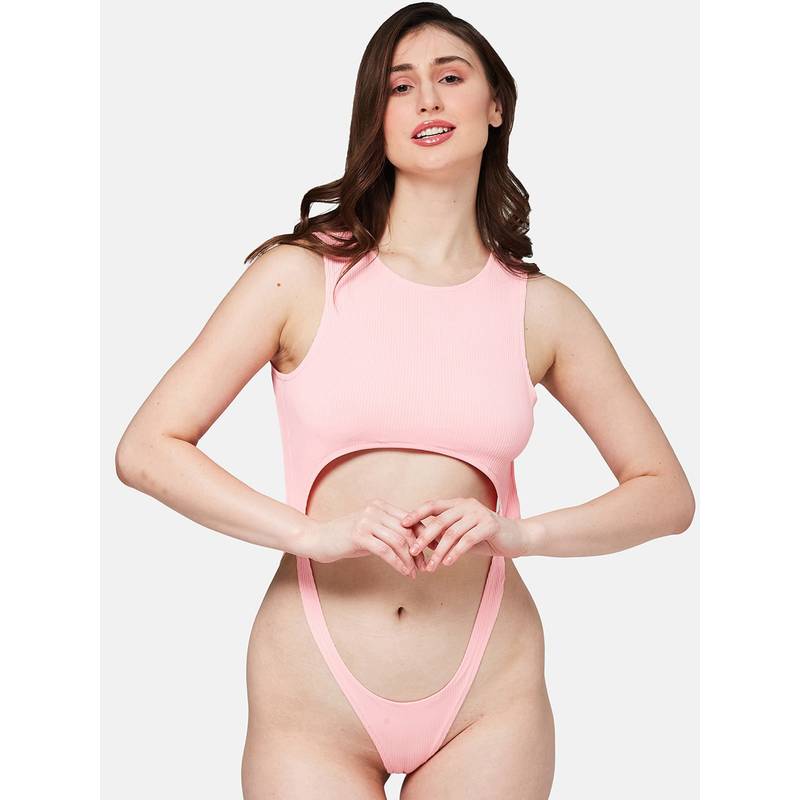 Secrets By ZeroKaata Women Ribbed Solid Swimwear Bodysuit Pink (XS)