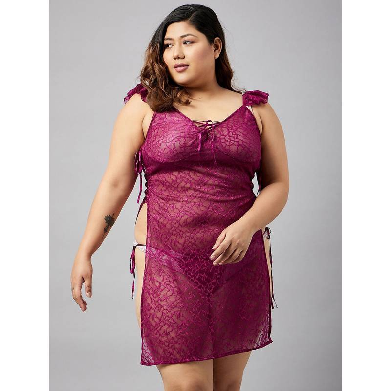 Secrets By ZeroKaata Women Plus Size Self Design Net Baby Doll Lingerie (Set of 2)(4XL)