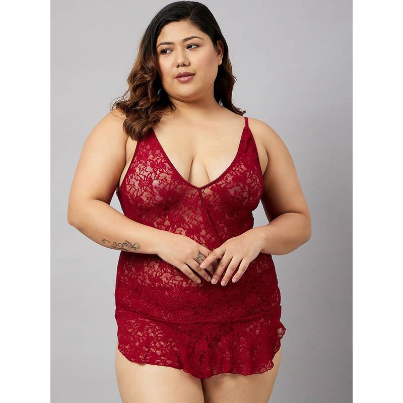 Secrets By ZeroKaata Women Plus Size Self Design Lace Baby Doll Lingerie (Set of 2)(4XL)