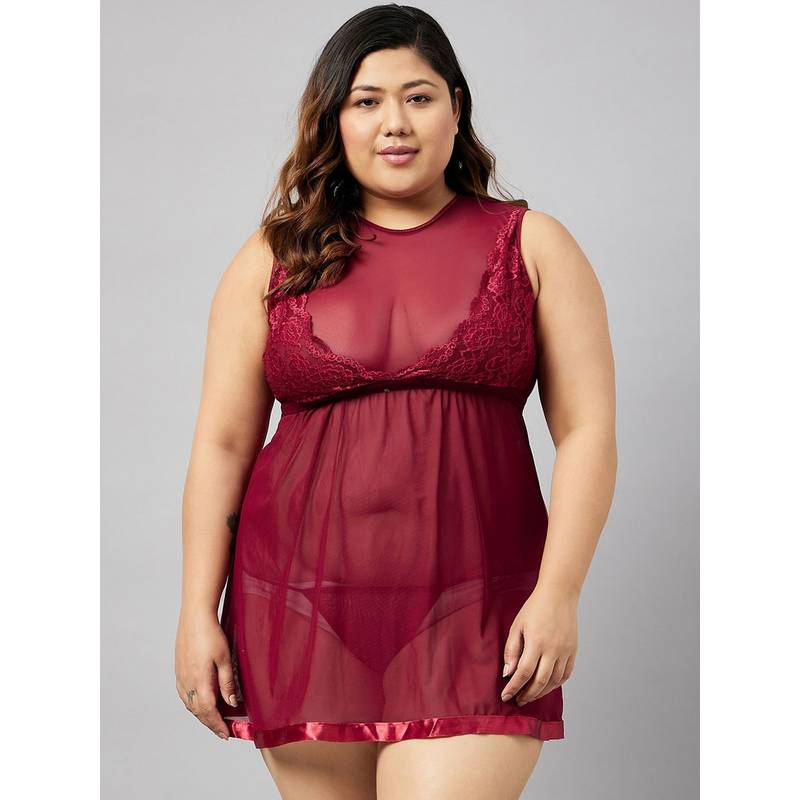Secrets By ZeroKaata Women Plus Size Solid Net Baby Doll Lingerie (Set of 2)(2XL)