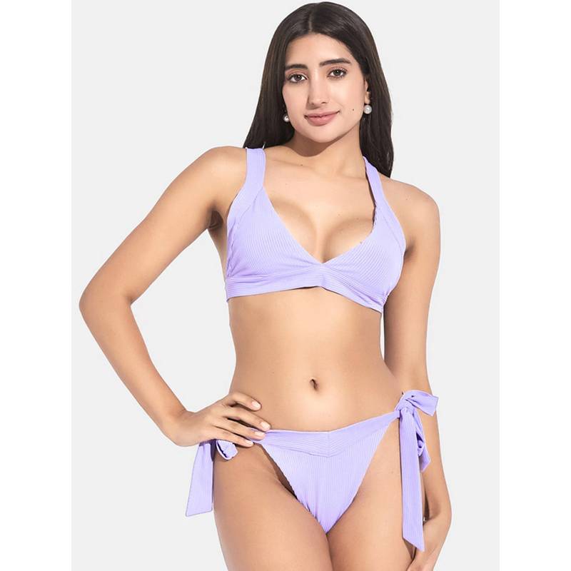 Secrets By ZeroKaata Women Ribbed V-Neck Beach Wear Swim Bikini Set (XS)