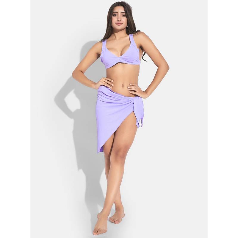 Secrets By ZeroKaata Women Ribbed V-Neck Beach Wear Swim Bikini Set with Sarong (M)
