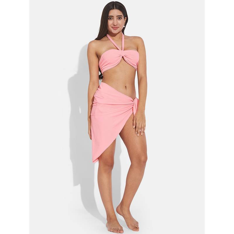 Secrets By ZeroKaata Women Ribbed Halter Beach Wear Bikini Set with Sarong (XS)