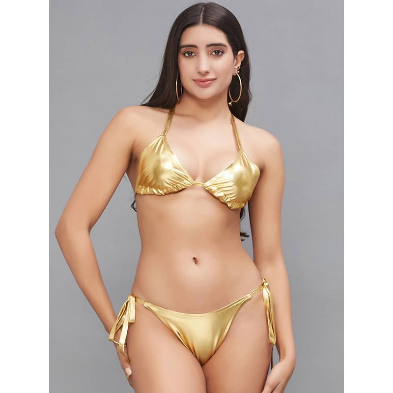 Secrets By ZeroKaata Women Metallic Halter Beach Wear Swim Bikini Set (XS)