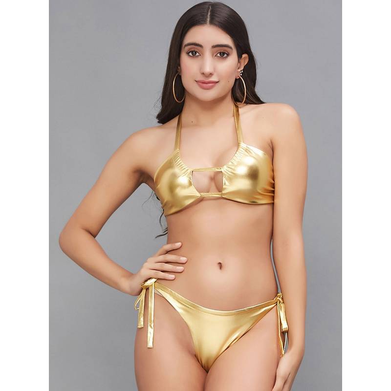 Secrets By ZeroKaata Women Metallic Halter Beach Wear Swim Bikini Set (XS)