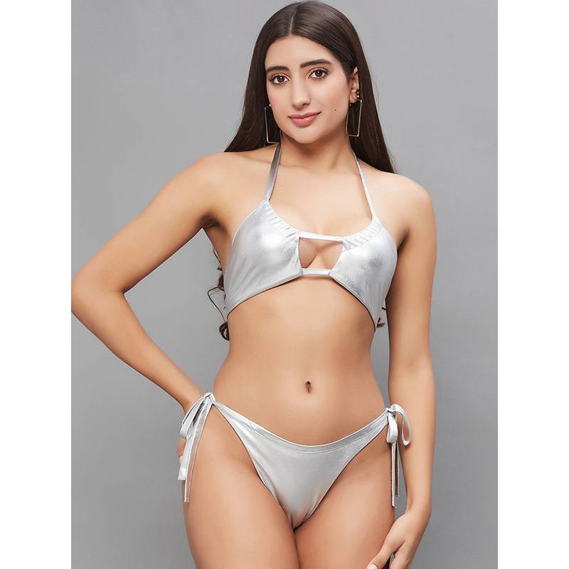 Secrets By ZeroKaata Women Metallic Halter Beach Wear Swim Bikini Set (XS)