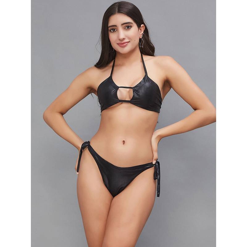Secrets By ZeroKaata Women Metallic Halter Beach Wear Swim Bikini Set (XS)