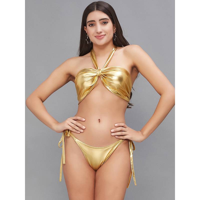 Secrets By ZeroKaata Women Metallic Halter Beach Wear Swim Bikini Set (XS)