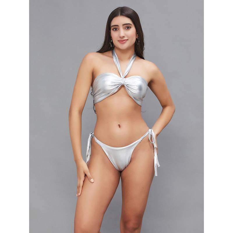 Secrets By ZeroKaata Women Metallic Halter Beach Wear Swim Bikini Set (XS)