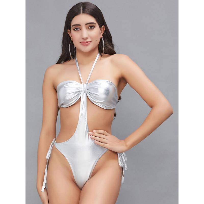 Secrets By ZeroKaata Women Metallic Halter Beach Wear Swim Bodysuit (S)