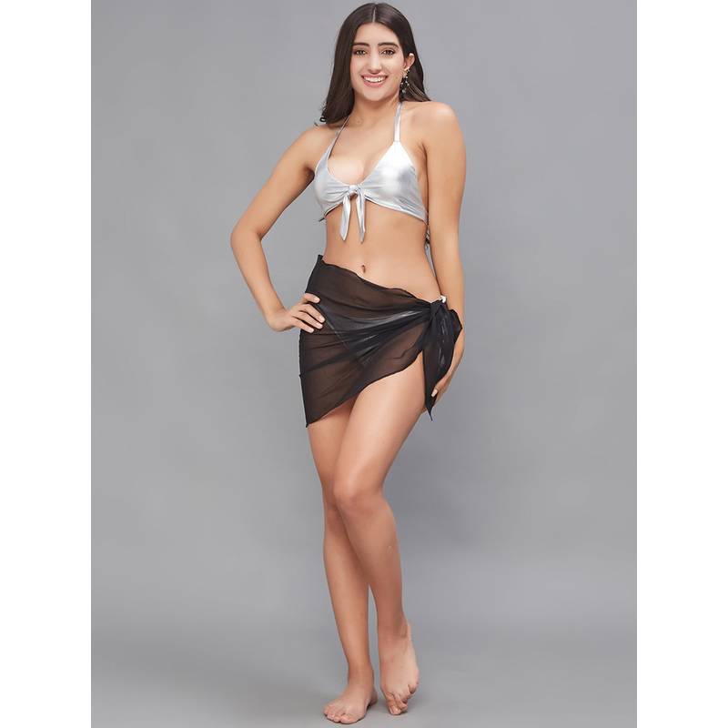 Secrets By ZeroKaata Women Metallic Halter Beach Wear Swim Bikini Set with Sarong (XS)