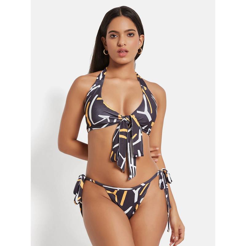 Secrets By ZeroKaata Women Printed Halter Bikini (Set of 2) (XS)