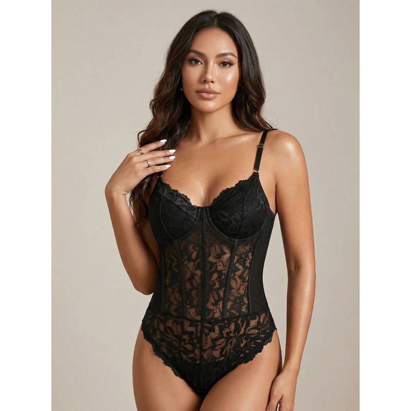 Secrets By ZeroKaata Women Black Self Design Baby Doll Lingerie (XL)