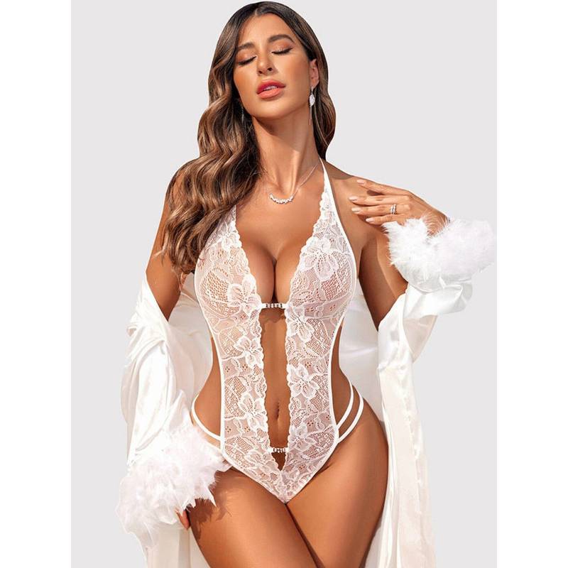 Secrets By ZeroKaata Women White Self Design Baby Doll Lingerie (M)