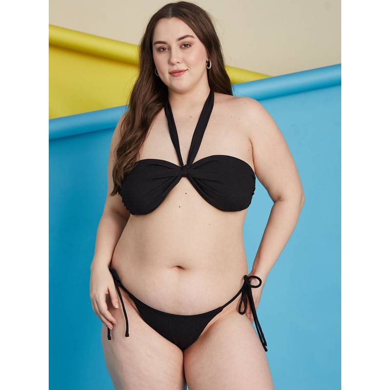 Secrets By ZeroKaata Black Plus Size Ribbed Halter Beachwear Swim Bikini (Set of 2) (L)