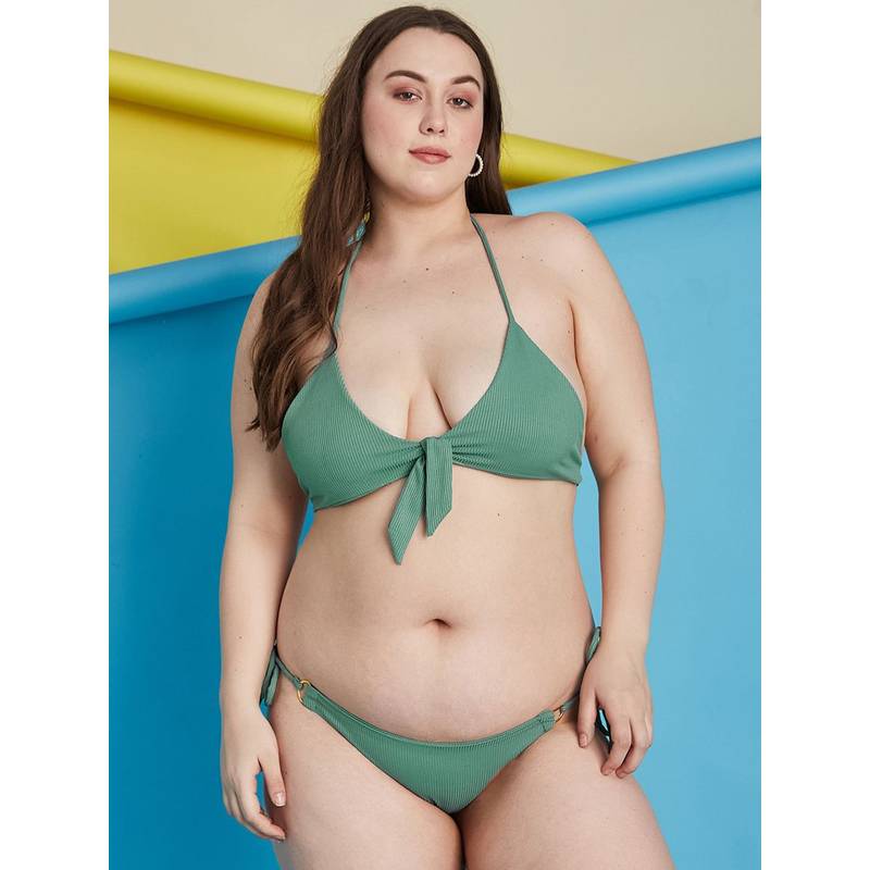 Secrets By ZeroKaata Green Plus Size Ribbed Halter Beachwear Swim Bikini (Set of 2) (L)