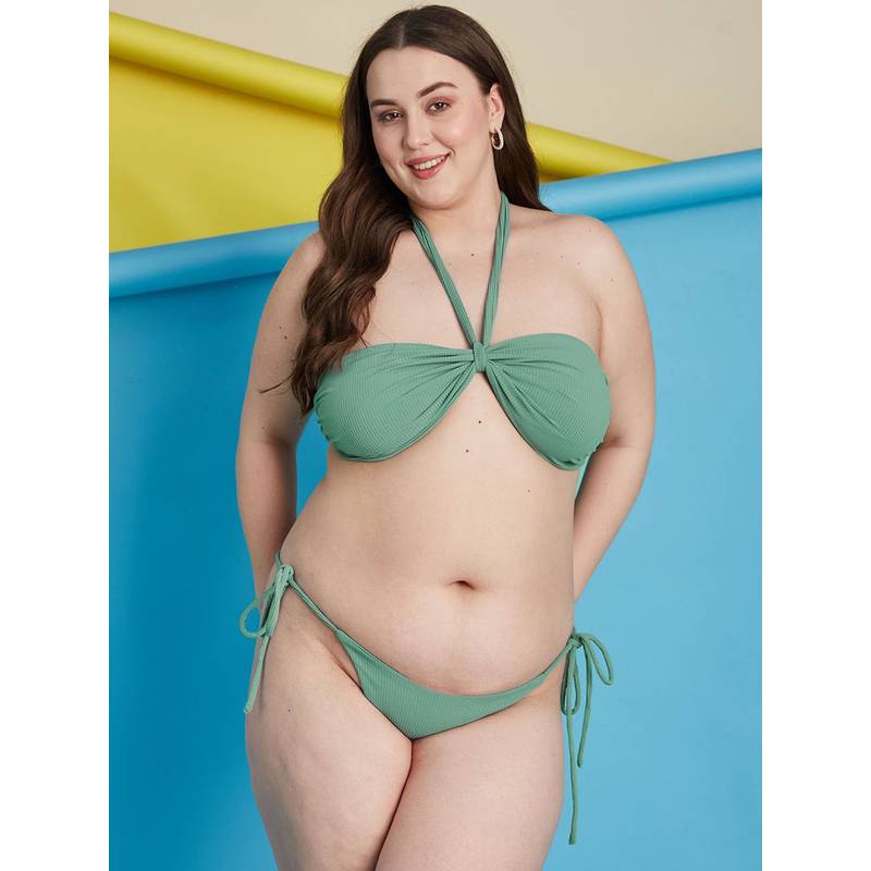 Secrets By ZeroKaata Green Plus Size Ribbed Halter Beachwear Swim Bikini (Set of 2) (L)