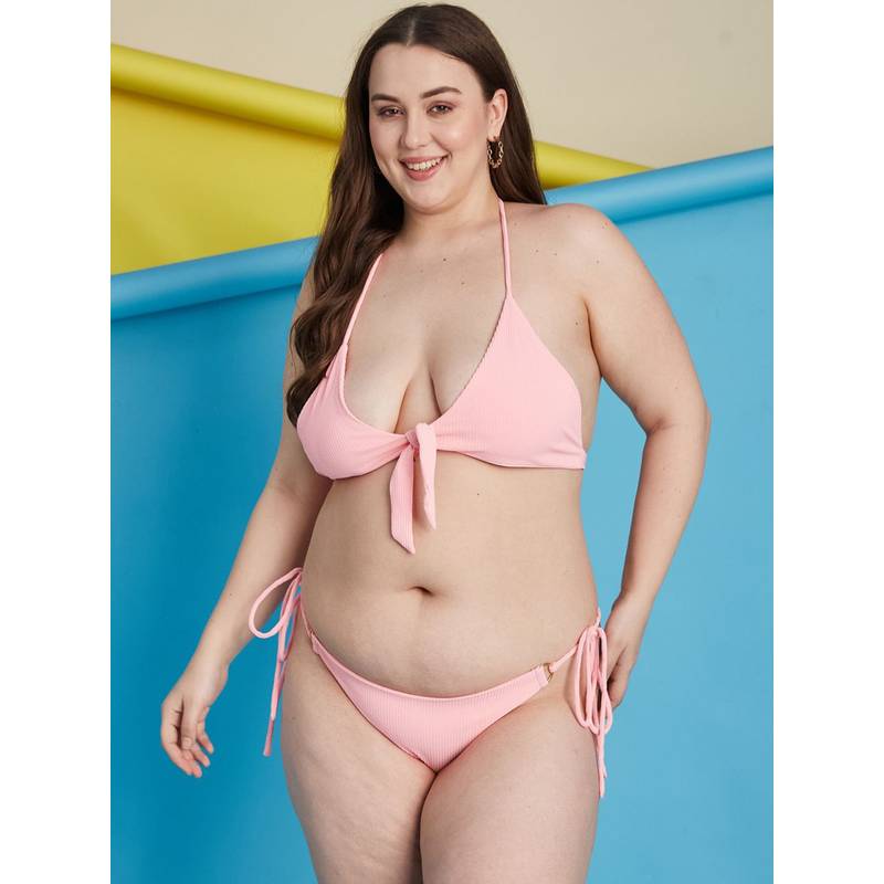 Secrets By ZeroKaata Pink Plus Size Ribbed Halter Beachwear Swim Bikini (Set of 2) (L)