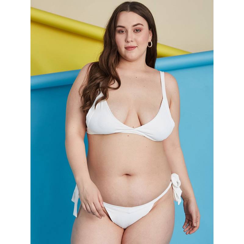 Secrets By ZeroKaata White Plus Size Ribbed Beachwear Swim Bikini (Set of 2) (L)