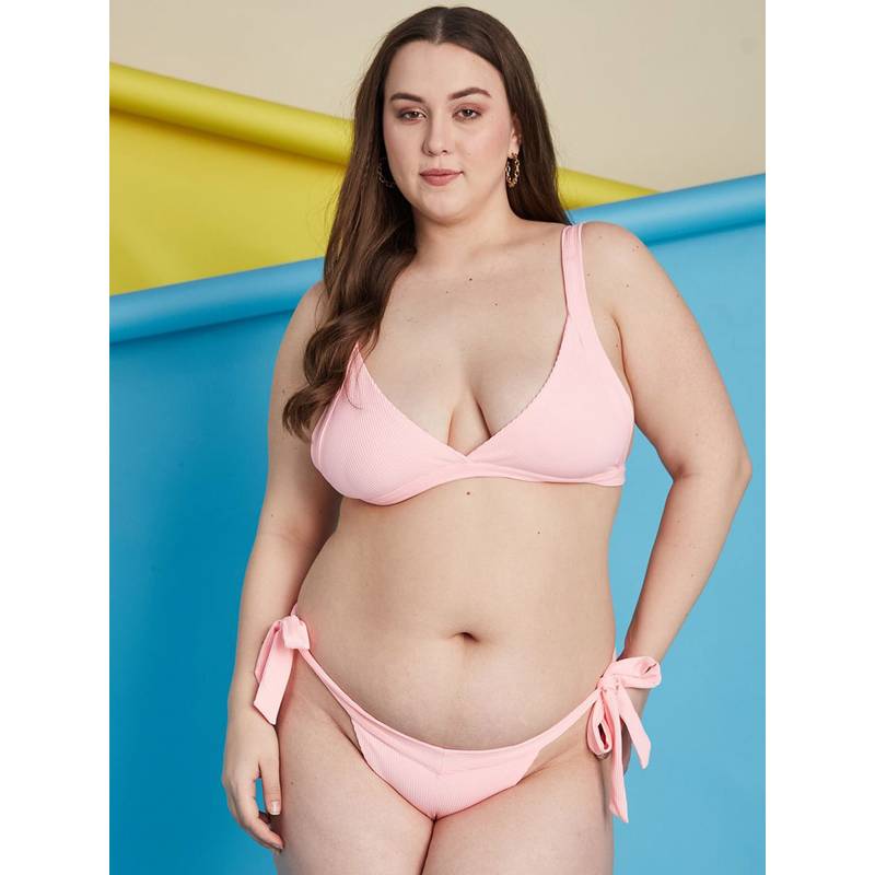 Secrets By ZeroKaata Pink Plus Size Ribbed Beachwear Swim Bikini (Set of 2) (L)