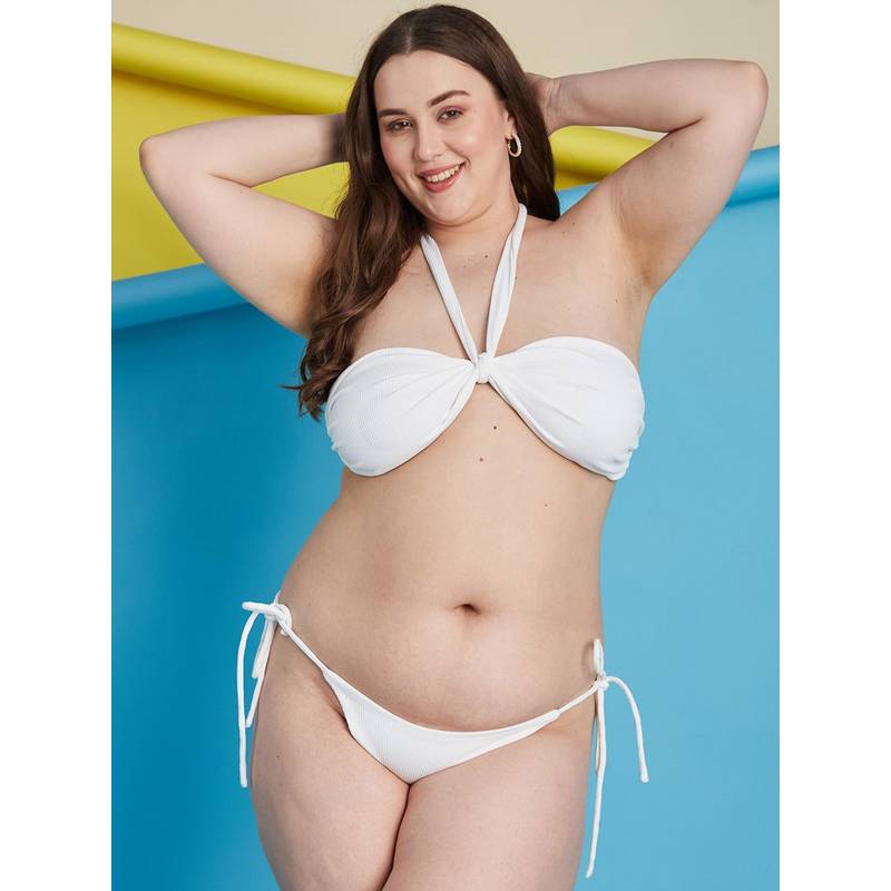 Secrets By ZeroKaata White Plus Size Ribbed Halter Beachwear Swim Bikini (Set of 2) (L)