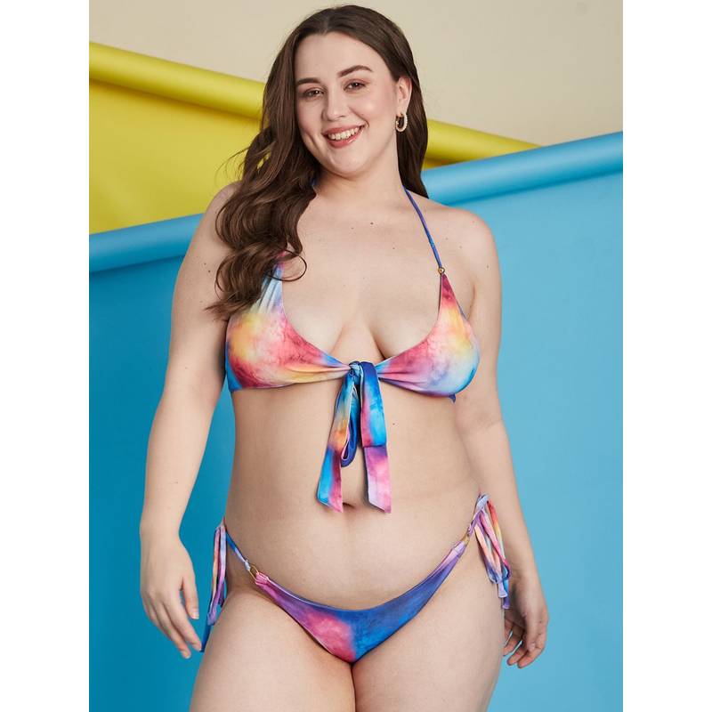 Secrets By ZeroKaata Multi-Color Plus Size Printed Halter Beachwear Swim Bikini (Set of 2) (M)