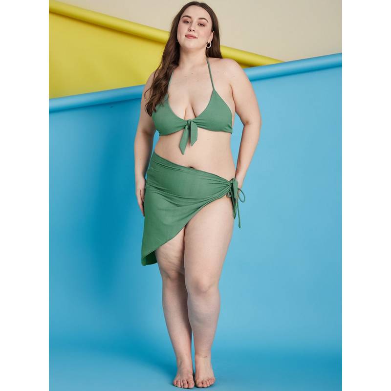 Secrets By ZeroKaata Green Plus Size Ribbed Swim Bikini Top with Panty & Sarong (Set of 3) (L)