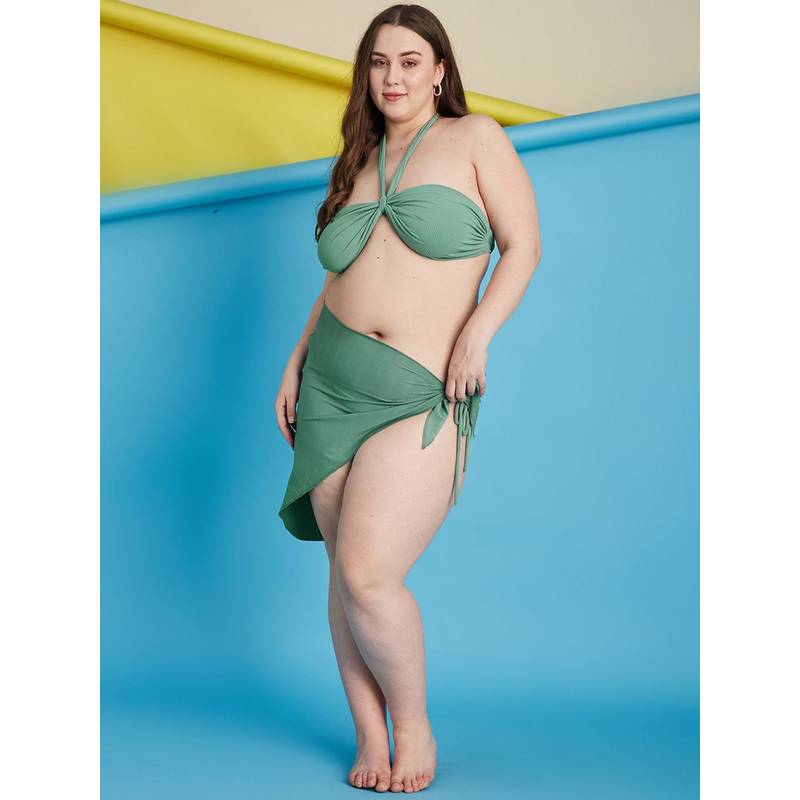 Secrets By ZeroKaata Green Plus Size Ribbed Swim Bikini Top with Panty & Sarong (Set of 3) (L)