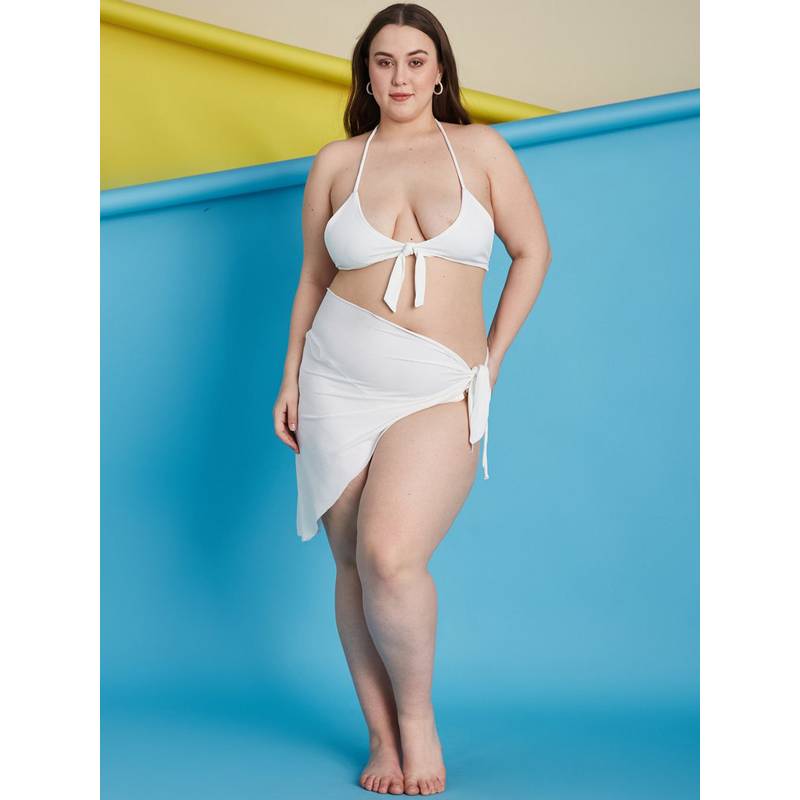 Secrets By ZeroKaata White Plus Size Ribbed Swim Bikini Top with Panty & Sarong (Set of 3) (L)
