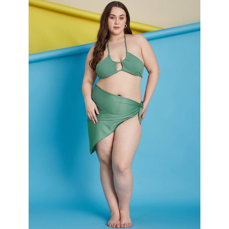 Secrets By ZeroKaata Green Plus Size Ribbed Swim Bikini Top with Panty & Sarong (Set of 3) (L)