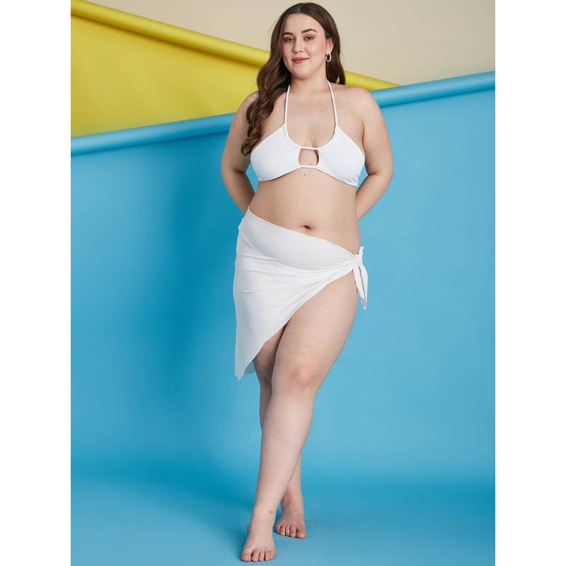 Secrets By ZeroKaata White Plus Size Ribbed Swim Bikini Top with Panty & Sarong (Set of 3) (L)