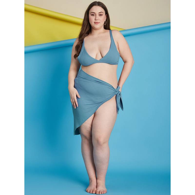Secrets By ZeroKaata Blue Plus Size Ribbed Swim Bikini Top with Panty & Sarong (Set of 3) (L)