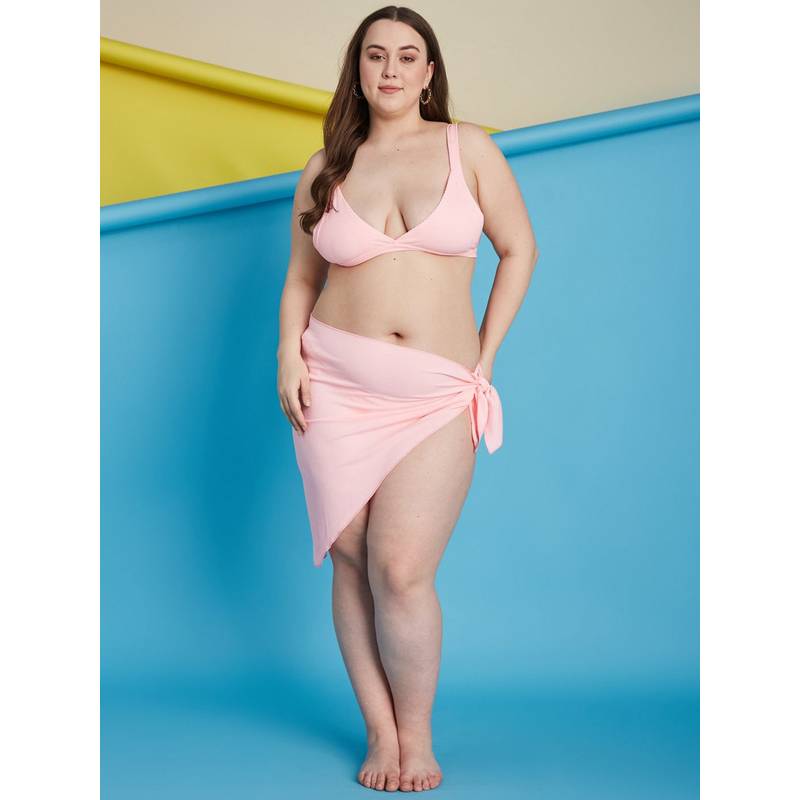 Secrets By ZeroKaata Pink Plus Size Ribbed Swim Bikini Top with Panty & Sarong (Set of 3) (L)