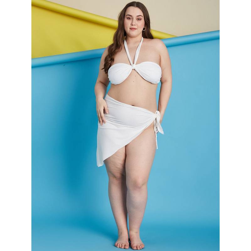 Secrets By ZeroKaata White Plus Size Ribbed Swim Bikini Top with Panty & Sarong (Set of 3) (L)