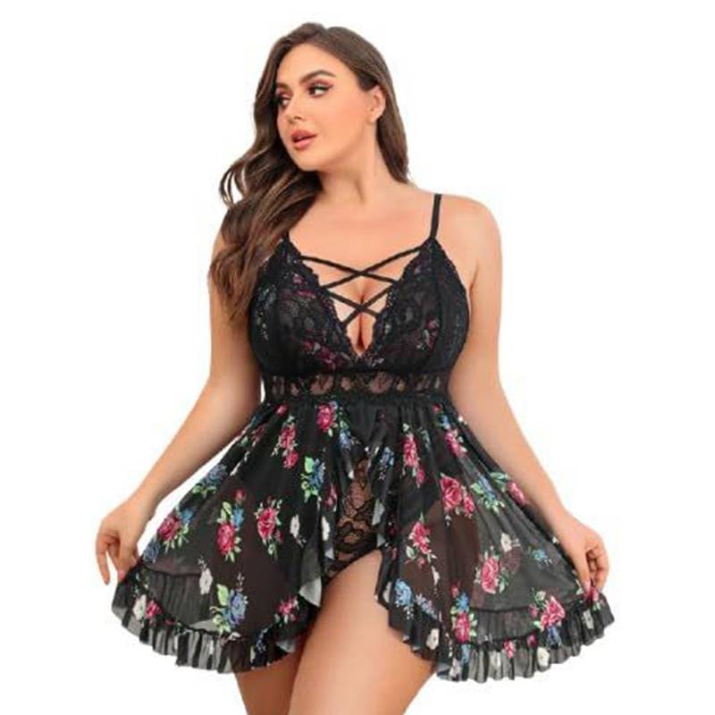 Secrets By ZeroKaata Sheer Printed Nightwear Baby Doll for Women (L)