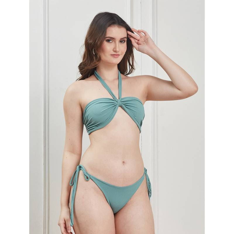 Secrets By ZeroKaata Green Stretchable Ribbed Halter Swim Bikini Top with Bottom (2XL)