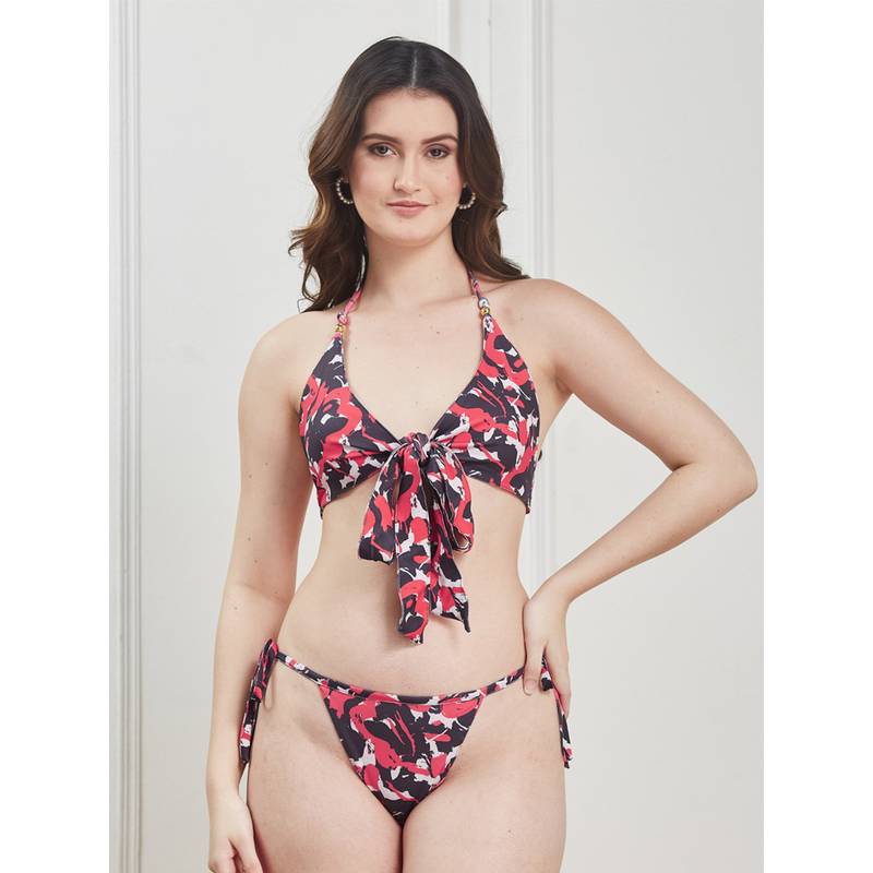Secrets By ZeroKaata Multi-Color Printed Halter Beachwear Swim Bikini Top with Bottom for Women (XS)