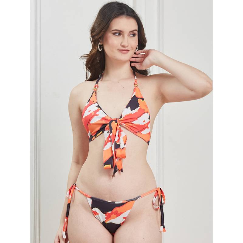 Secrets By ZeroKaata Multi-Color Printed Halter Beachwear Swim Bikini Top with Bottom for Women (M)