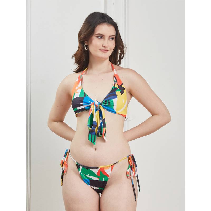 Secrets By ZeroKaata Multi-Color Printed Halter Beachwear Swim Bikini Top with Bottom for Women (XS)