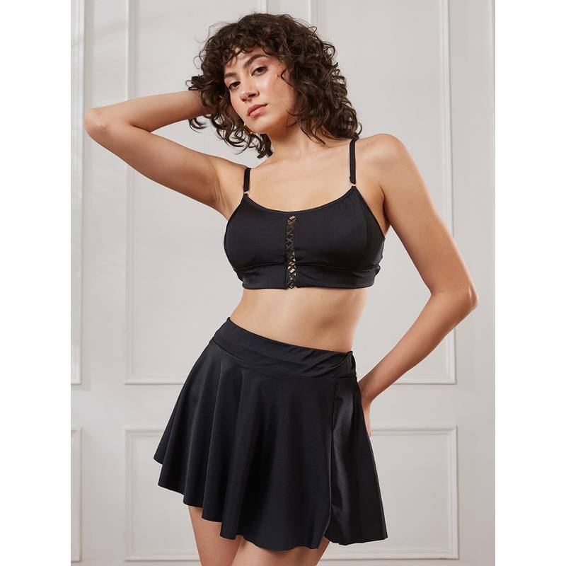 Secrets By ZeroKaata Solid Black Baby Doll & Skirt Nightwear With Thong (XL)