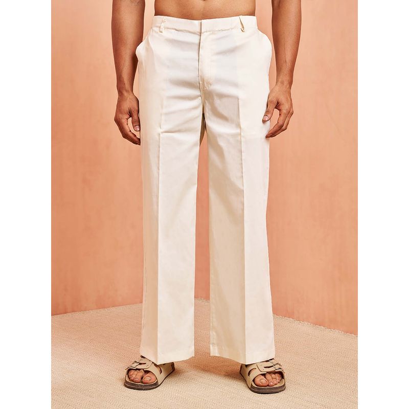 Vastramay Men Cream Cotton Lycra Wide Leg Pant (38)