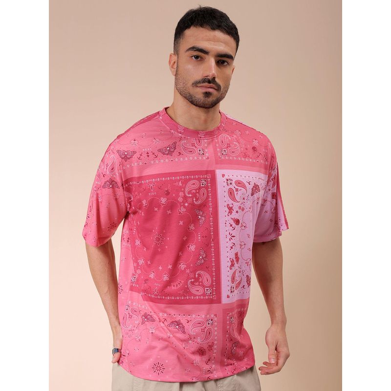The Indian Garage Co Men Oversized Paisley Printed Crew Neck T-shirt Pink (L)