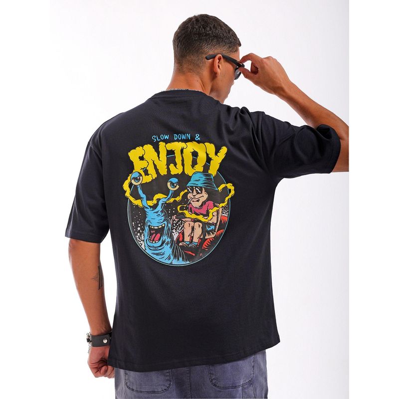 The Indian Garage Co Men Boxy Oversized Graphic Back Printed Crew Neck T-shirt Black (M)