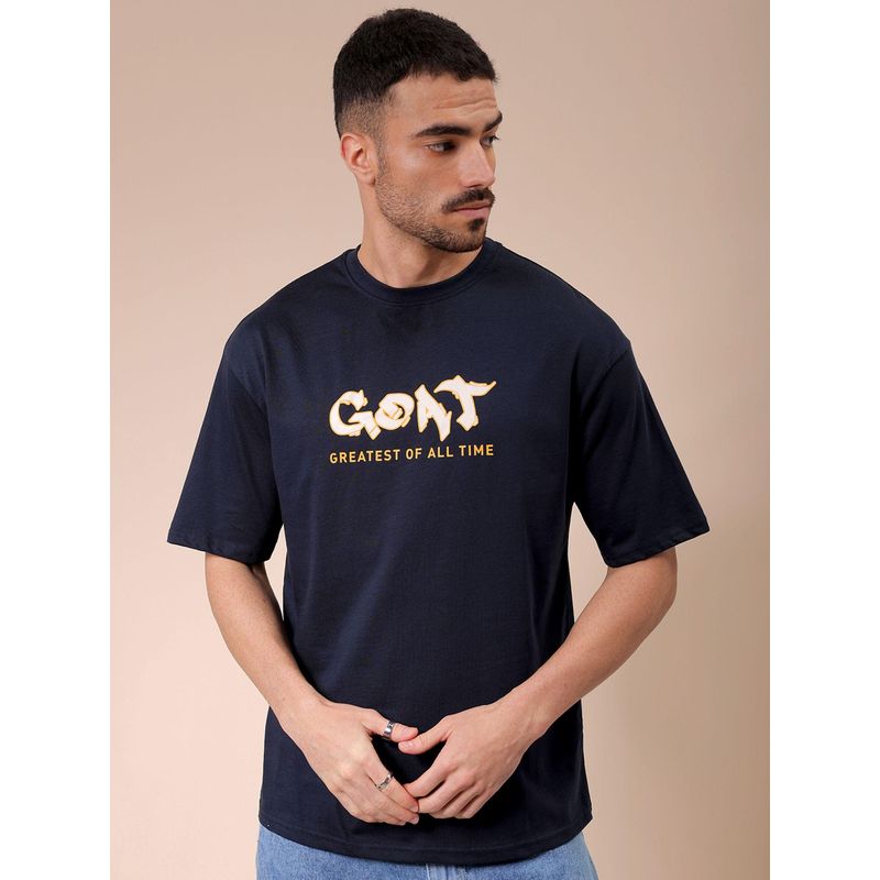 The Indian Garage Co Men Boxy Oversized Graphic Back Printed Crew Neck T-shirt Navy Blue (S)