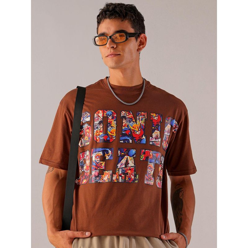 The Indian Garage Co Men Boxy Oversized Placement Print Crew Neck T-shirt Brown (S)