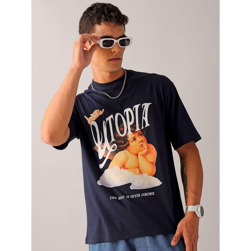 The Indian Garage Co Men Boxy Oversized Placement Print Crew Neck T-shirt Navy Blue (M)
