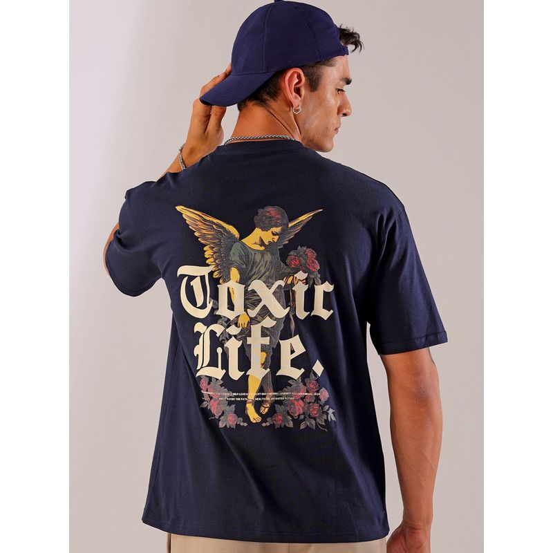 The Indian Garage Co Men Boxy Oversized Graphic Back Printed Crew Neck T-shirt Navy Blue (XL)