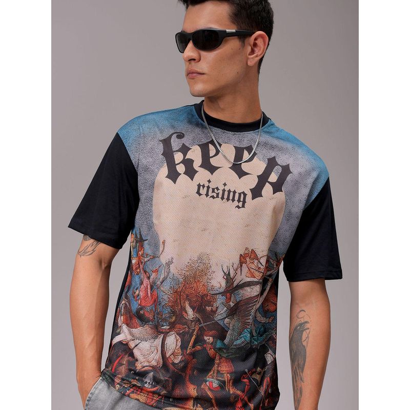 The Indian Garage Co Men Boxy Oversized Placement Print Crew Neck T-shirt Black (L)