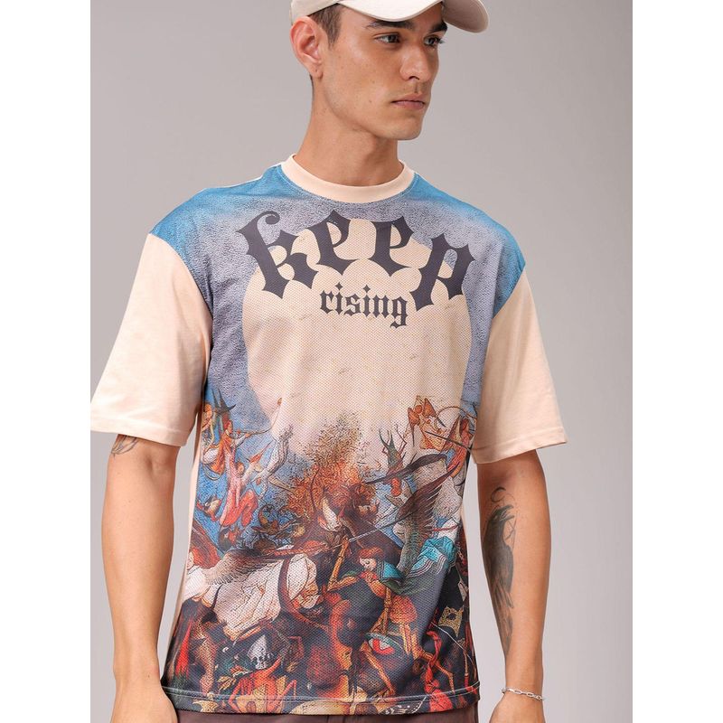 The Indian Garage Co Men Boxy Oversized Placement Print Crew Neck T-shirt Beige (XL)