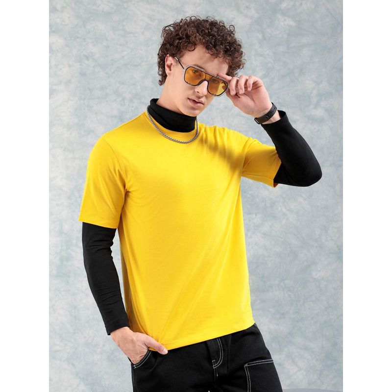The Indian Garage Co Men Slim Fit Solid Crew Neck T-shirt Yellow (M)